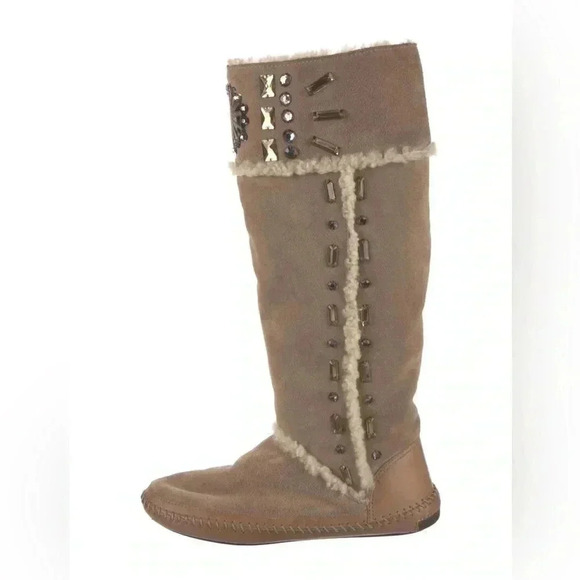 [US 7] TORY BURCH Suede Whipstitch Trim Mid Calf  Boots - Picture 2 of 16